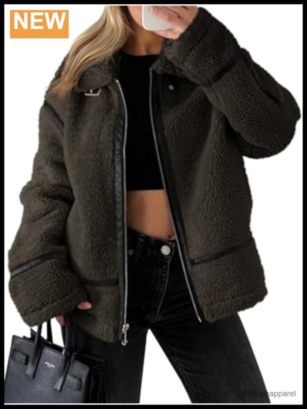 Womens Faux Fur Jacket Winter Sherpa Moto Zip Up Coat Trendy Cropped Oversized